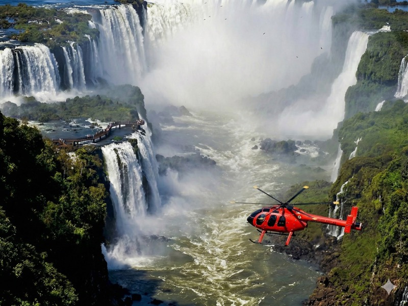 Vista aérea de las Cataratas del Iguazú desde un helicóptero en el Paseo Aéreo, Foz do Iguaçu, Brasil.