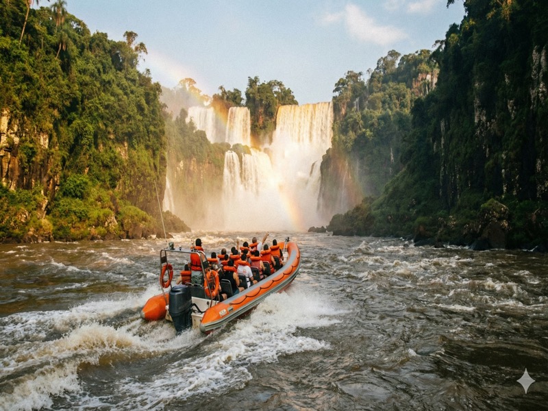 Gomón con turistas acercándose a las Cataratas del Iguazú en el Safari Macuco, Brasil.